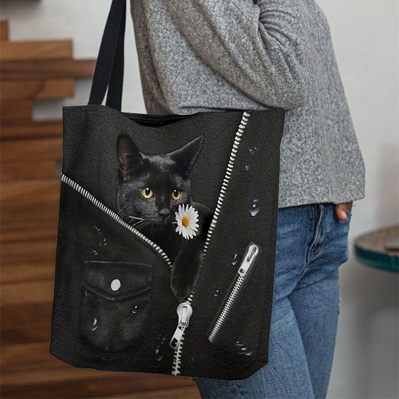 Lona De Mujer Lindo Gato Negro Tridihombreional 3d Con Estampado De Flores Bolso De Hombro Bolso De Mano