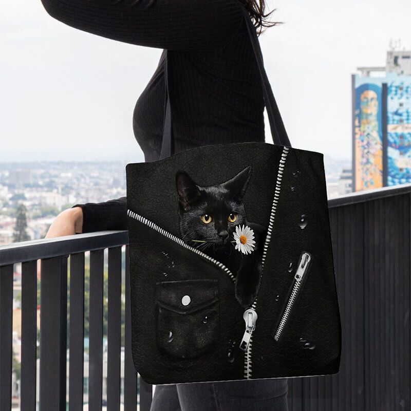 Lona De Mujer Lindo Gato Negro Tridihombreional 3d Con Estampado De Flores Bolso De Hombro Bolso De Mano