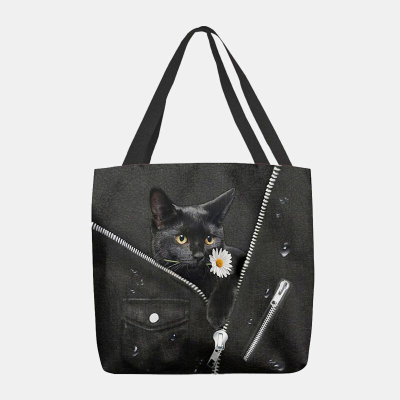 Lona De Mujer Lindo Gato Negro Tridihombreional 3d Con Estampado De Flores Bolso De Hombro Bolso De Mano