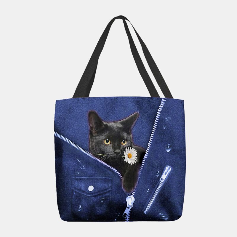 Lona De Mujer Lindo Gato Negro Tridihombreional 3d Con Estampado De Flores Bolso De Hombro Bolso De Mano