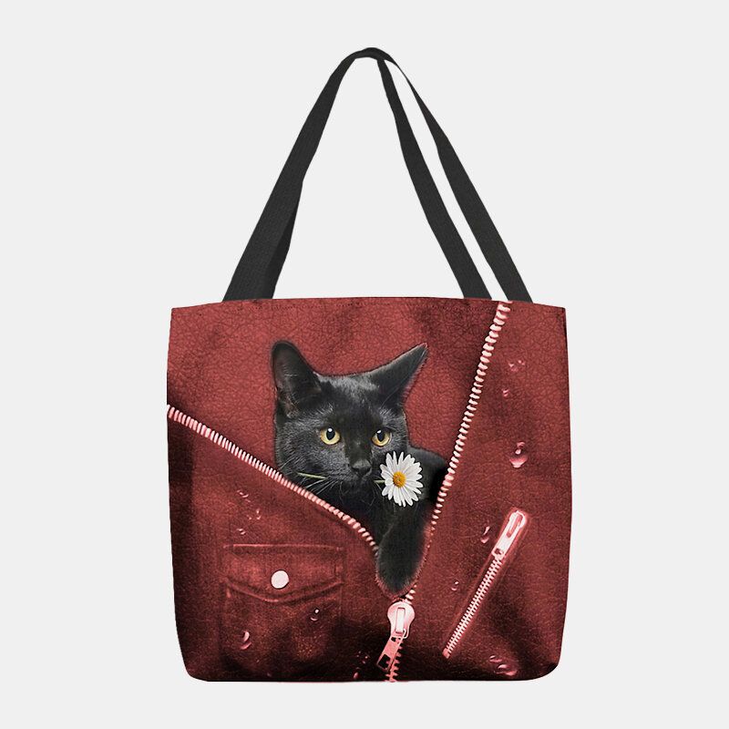 Lona De Mujer Lindo Gato Negro Tridihombreional 3d Con Estampado De Flores Bolso De Hombro Bolso De Mano