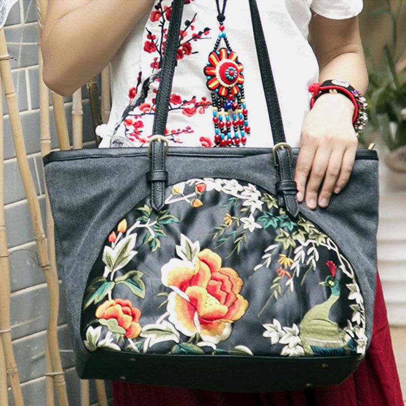 Lona Para Mujer Estilo Étnico Bordado Floral De Gran Capacidad Bolso De Hombro Bolso De Mano