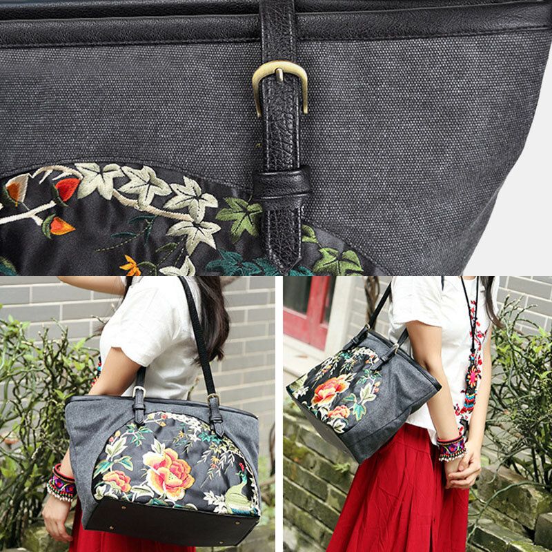 Lona Para Mujer Estilo Étnico Bordado Floral De Gran Capacidad Bolso De Hombro Bolso De Mano