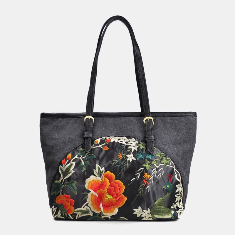 Lona Para Mujer Estilo Étnico Bordado Floral De Gran Capacidad Bolso De Hombro Bolso De Mano