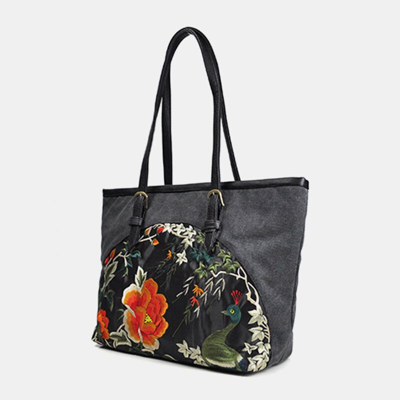 Lona Para Mujer Estilo Étnico Bordado Floral De Gran Capacidad Bolso De Hombro Bolso De Mano