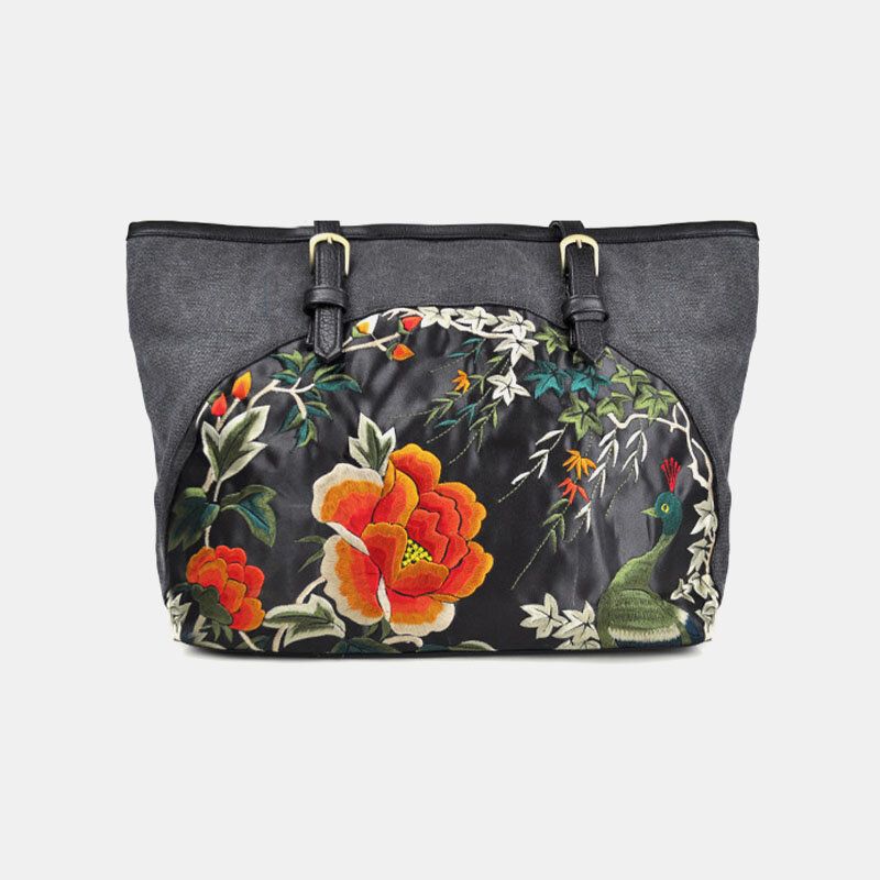 Lona Para Mujer Estilo Étnico Bordado Floral De Gran Capacidad Bolso De Hombro Bolso De Mano