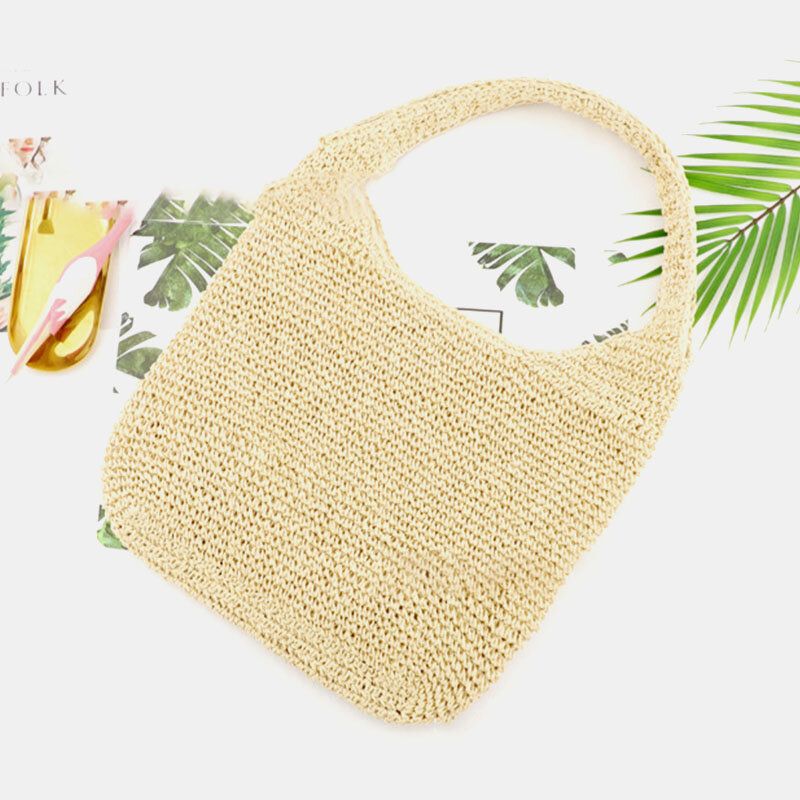 Mujer Paja Transpirable Moda Simple Bolso De Playa Bolso De Mano Bolso De Hombro