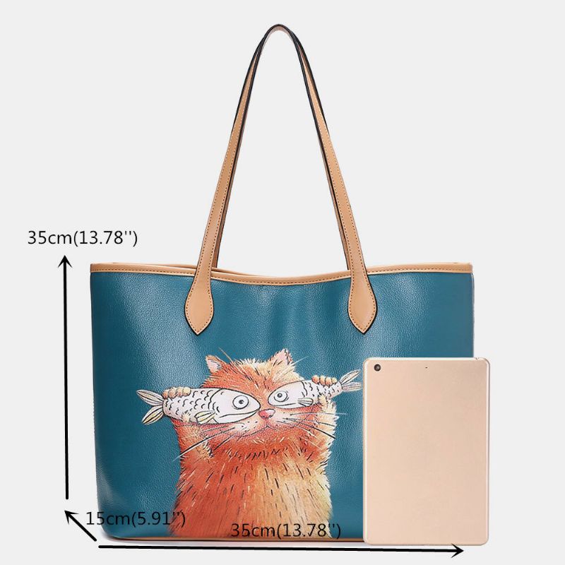 Mujeres 2 Pcs Cat Pattern Tote Bolso De Hombro De Gran Capacidad Bolso De Mano