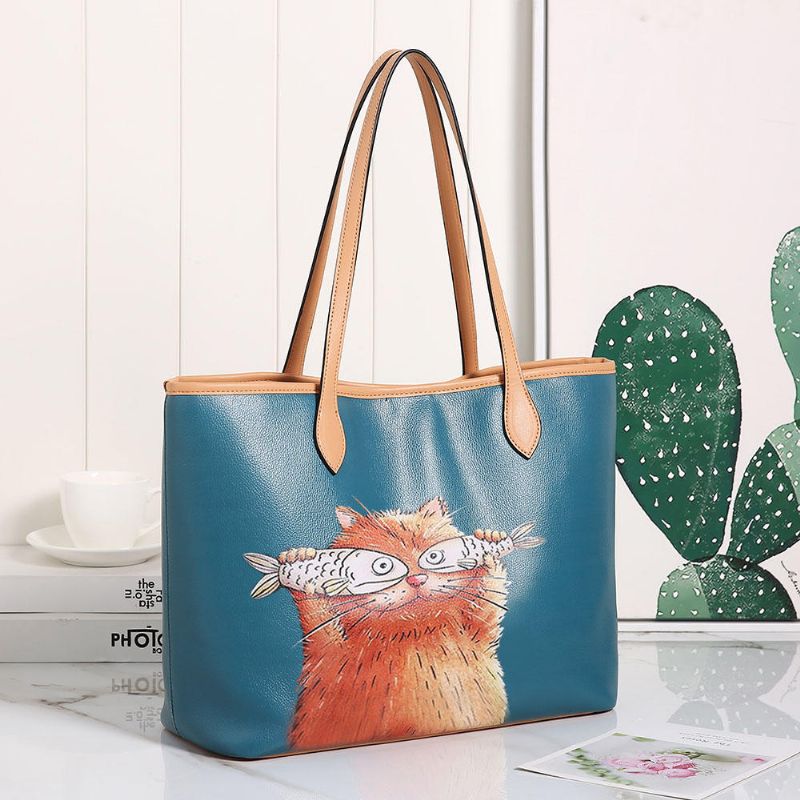 Mujeres 2 Pcs Cat Pattern Tote Bolso De Hombro De Gran Capacidad Bolso De Mano