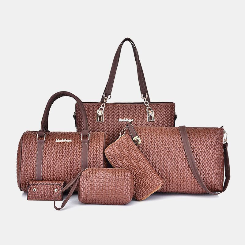 Mujeres 6pcs Pu Cuero Tejido Sólido Multi-pieza Bolsos Para Mujer Bolso Bandolera Bolso De Mano Cartera