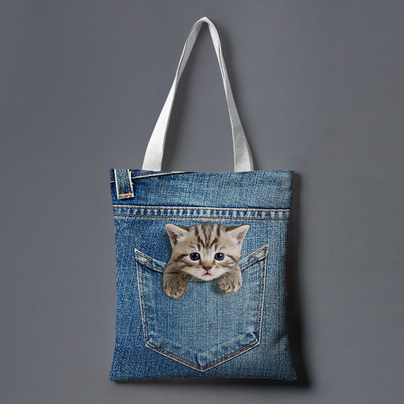 Mujeres Canvas Cat Dog Inside Jeans Pattern Bolso Escolar De Gran Capacidad Bolso De Hombro Bolso Tote