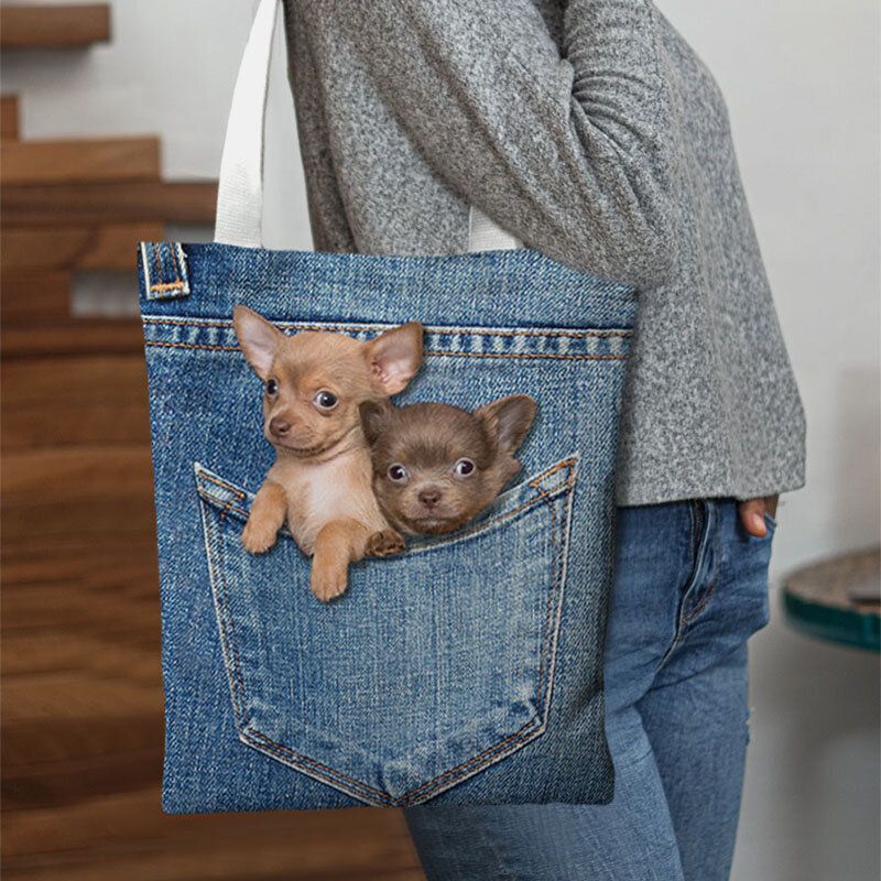 Mujeres Canvas Cat Dog Inside Jeans Pattern Bolso Escolar De Gran Capacidad Bolso De Hombro Bolso Tote