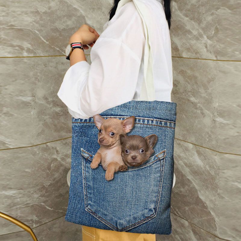 Mujeres Canvas Cat Dog Inside Jeans Pattern Bolso Escolar De Gran Capacidad Bolso De Hombro Bolso Tote