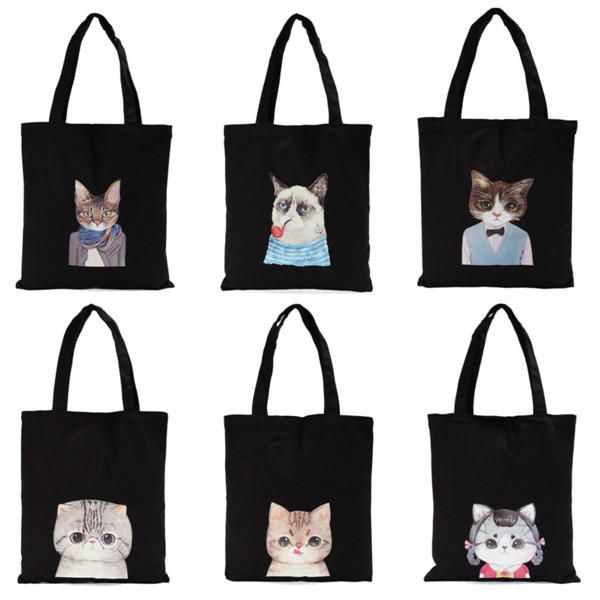 Mujeres Cat Bolsos De Lona Negros Totes Bolsos De Hombro De Gran Capacidad Bolsos De Compras