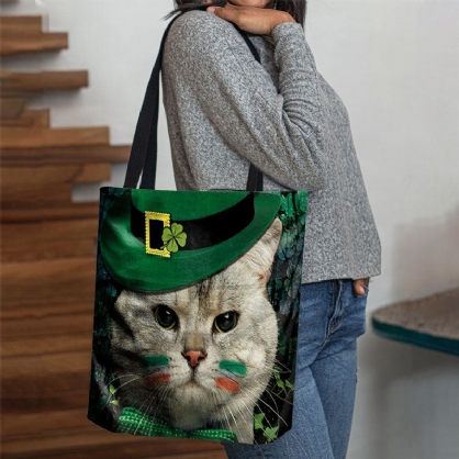 Mujeres Clover Cat Pattern Print Happy St Patrick Day Bolso De Hombro Bolso Tote