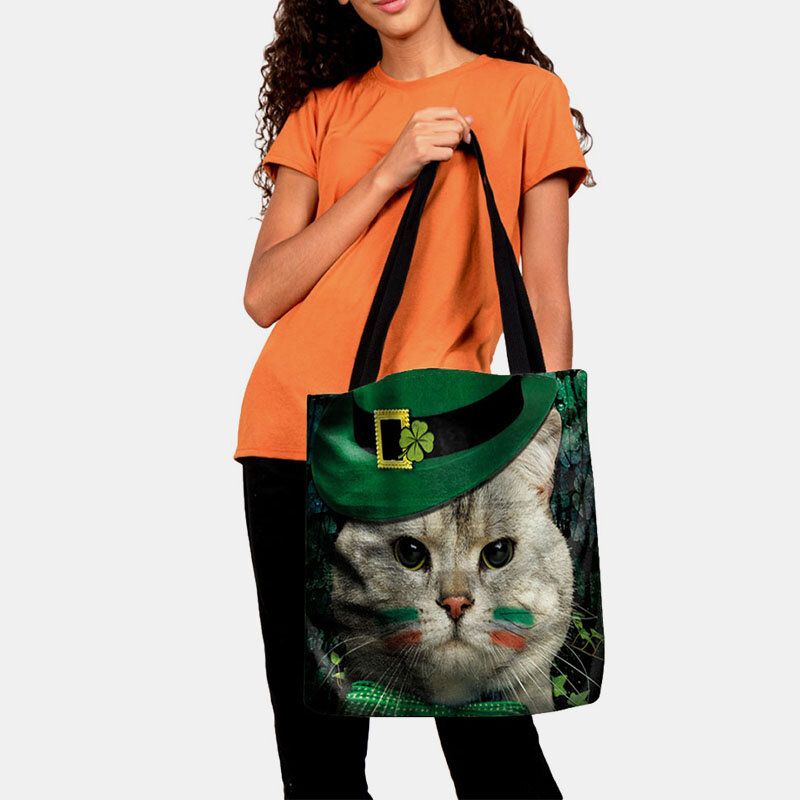 Mujeres Clover Cat Pattern Print Happy St Patrick Day Bolso De Hombro Bolso Tote