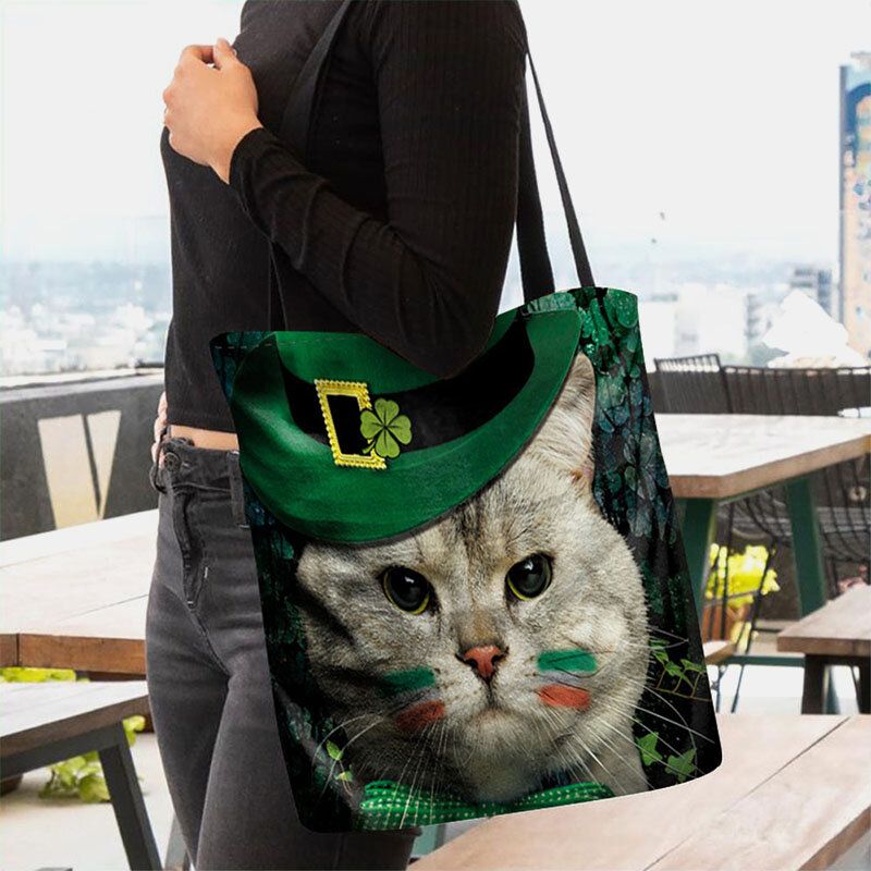 Mujeres Clover Cat Pattern Print Happy St Patrick Day Bolso De Hombro Bolso Tote