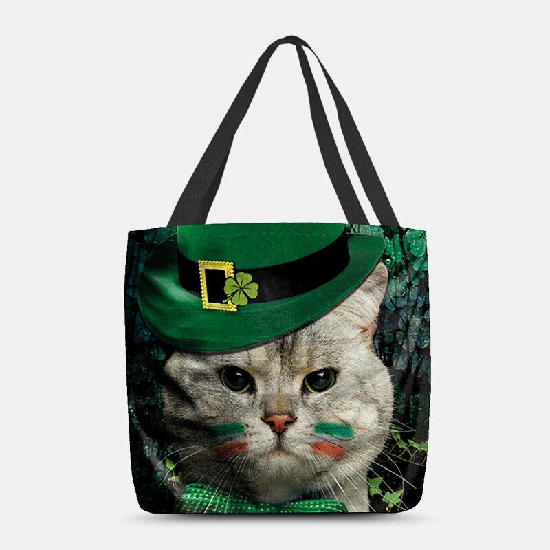 Mujeres Clover Cat Pattern Print Happy St Patrick Day Bolso De Hombro Bolso Tote