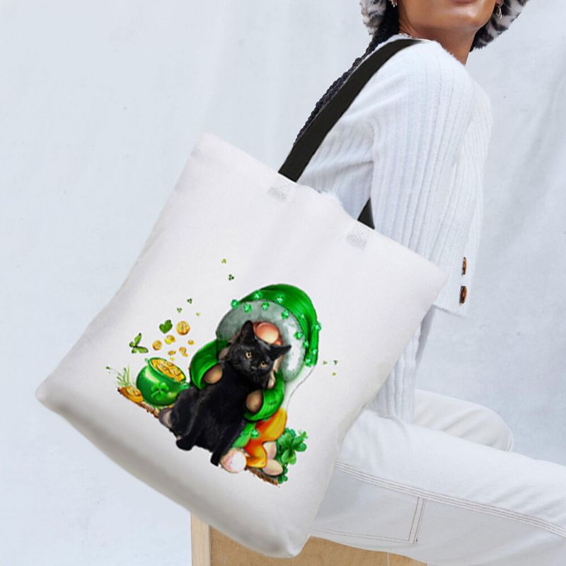 Mujeres Clover Cat Print Happy St Patrick Day Bandolera Bolso Tote