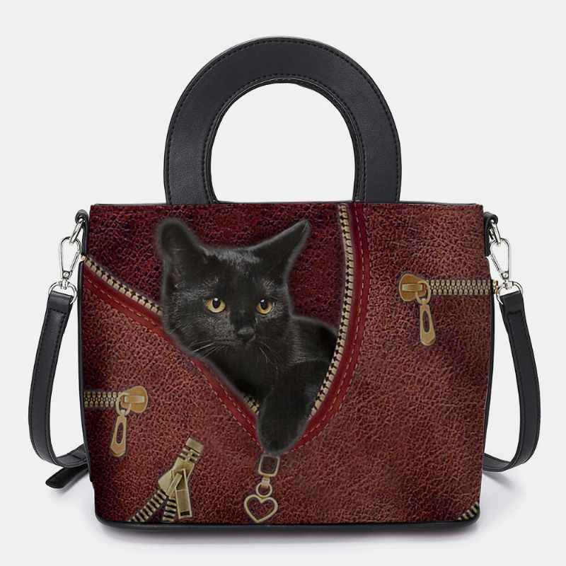 Mujeres De Cuero De Imitación De Dibujos Animados Patrón De Gato Negro Bolso De Mano Múltiple Bolso De Bandolera