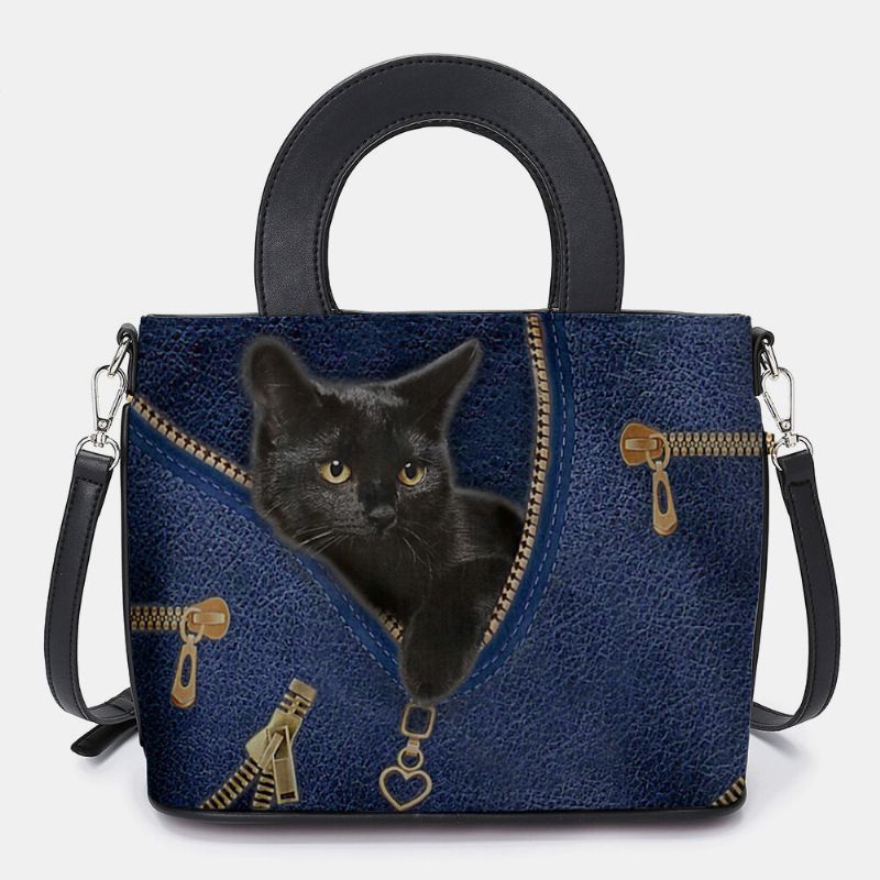 Mujeres De Cuero De Imitación De Dibujos Animados Patrón De Gato Negro Bolso De Mano Múltiple Bolso De Bandolera