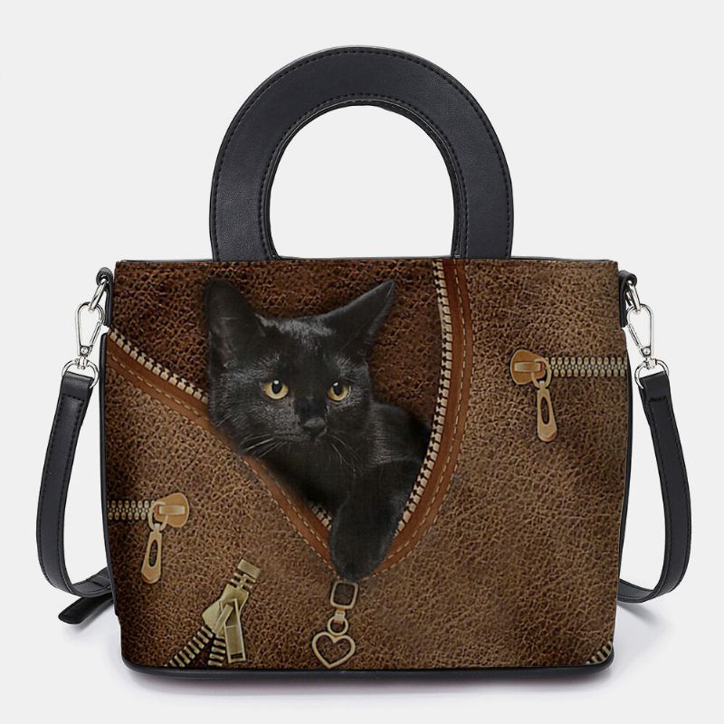 Mujeres De Cuero De Imitación De Dibujos Animados Patrón De Gato Negro Bolso De Mano Múltiple Bolso De Bandolera