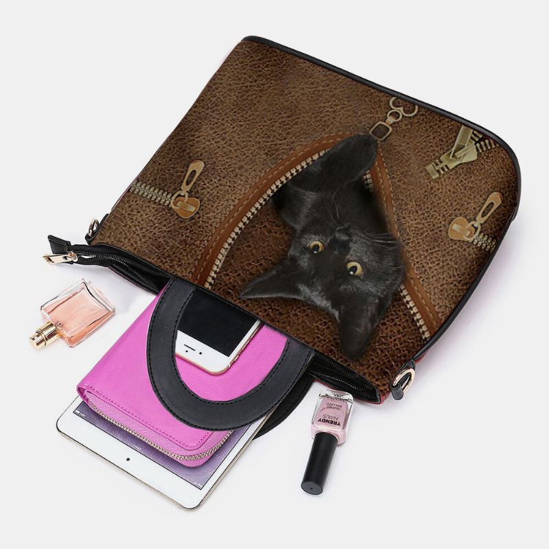 Mujeres De Cuero De Imitación De Dibujos Animados Patrón De Gato Negro Bolso De Mano Múltiple Bolso De Bandolera