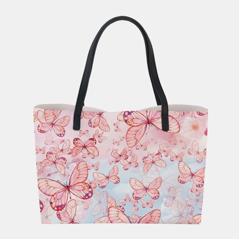 Mujeres De Cuero De Imitación De Gran Capacidad Floral Gato Mariposa Impresión Casual Lindo Bolso De Hombro Bolso De Cubo