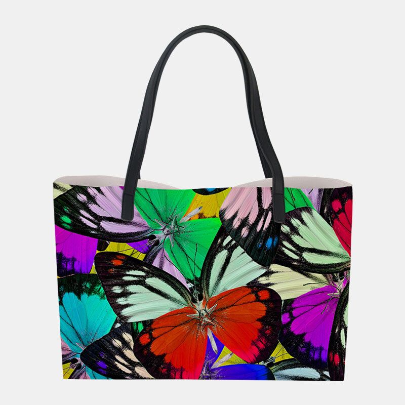 Mujeres De Cuero De Imitación De Gran Capacidad Floral Gato Mariposa Impresión Casual Lindo Bolso De Hombro Bolso De Cubo