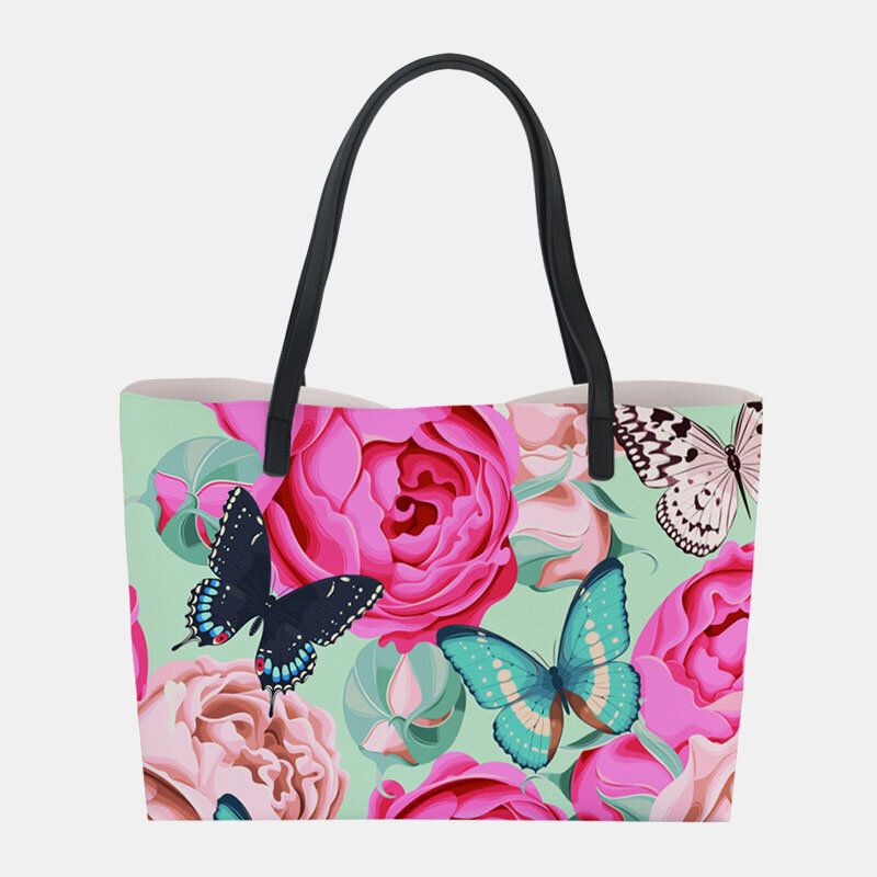 Mujeres De Cuero De Imitación De Gran Capacidad Floral Gato Mariposa Impresión Casual Lindo Bolso De Hombro Bolso De Cubo