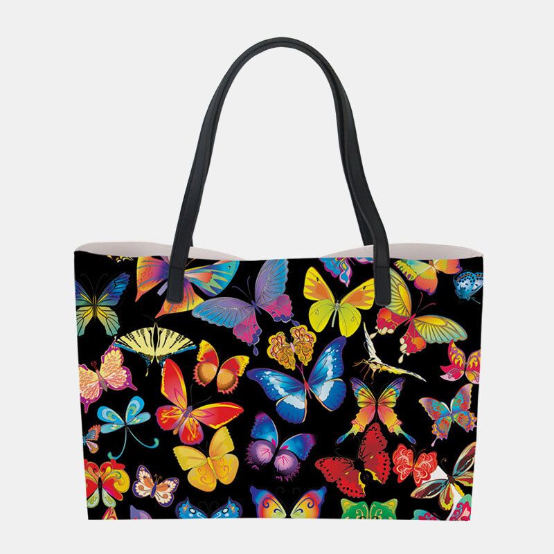 Mujeres De Cuero De Imitación De Gran Capacidad Floral Gato Mariposa Impresión Casual Lindo Bolso De Hombro Bolso De Cubo