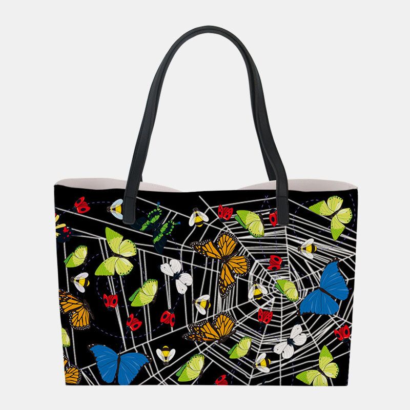 Mujeres De Cuero De Imitación De Gran Capacidad Floral Gato Mariposa Impresión Casual Lindo Bolso De Hombro Bolso De Cubo