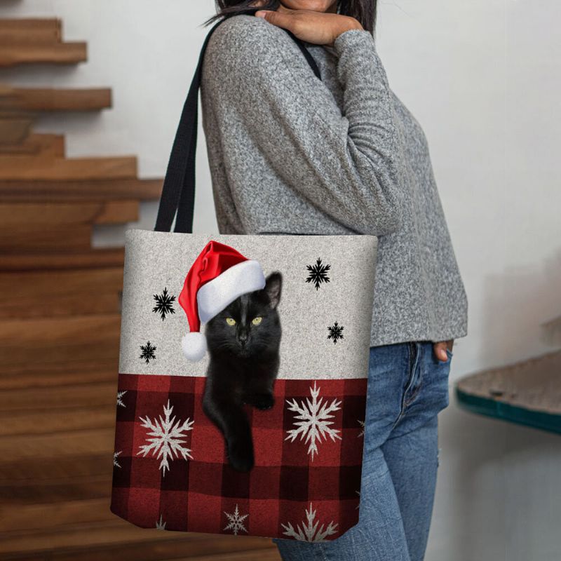 Mujeres Felt Cute Cartoon Festive Christmas Dressed Cat Copo De Nieve Patrón Bolso De Hombro Bolso Tote