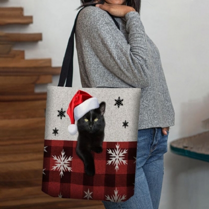 Mujeres Felt Cute Cartoon Festive Christmas Dressed Cat Copo De Nieve Patrón Bolso De Hombro Bolso Tote