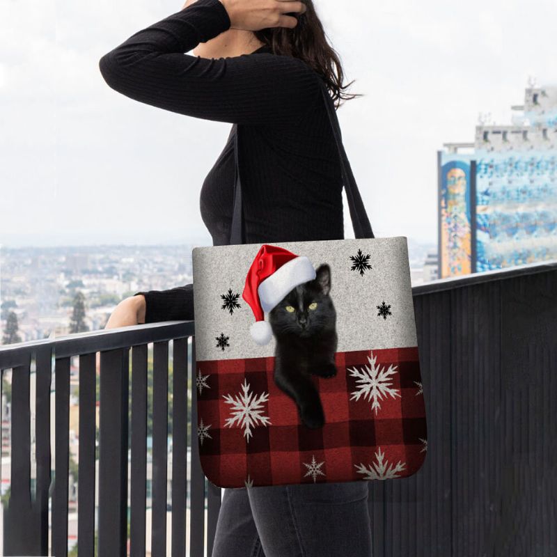 Mujeres Felt Cute Cartoon Festive Christmas Dressed Cat Copo De Nieve Patrón Bolso De Hombro Bolso Tote