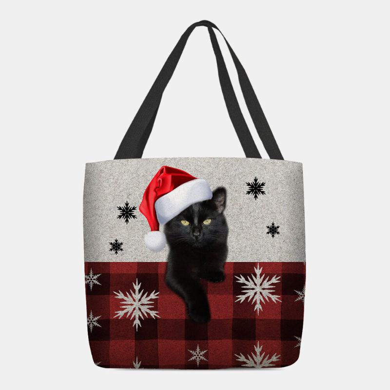 Mujeres Felt Cute Cartoon Festive Christmas Dressed Cat Copo De Nieve Patrón Bolso De Hombro Bolso Tote