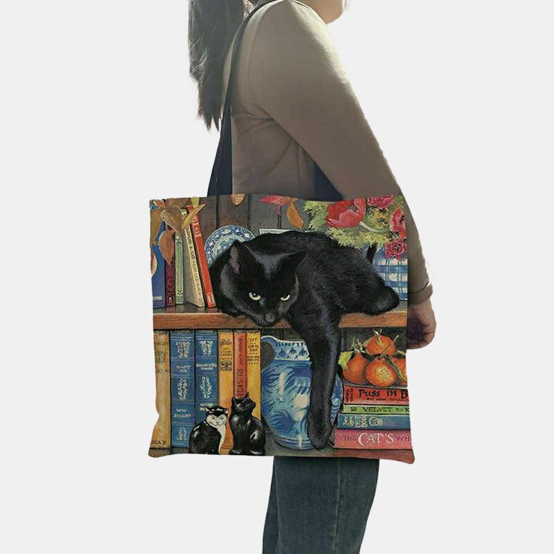 Mujeres Fieltro Gato Lindo Estantería Obras Literarias Patrón Bolso De Hombro Bolso De Mano