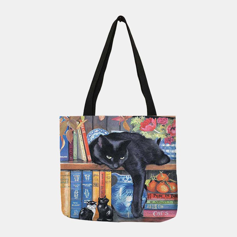 Mujeres Fieltro Gato Lindo Estantería Obras Literarias Patrón Bolso De Hombro Bolso De Mano