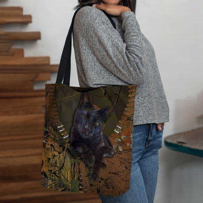 Mujeres Fieltro Lindo 3d Dibujos Animados Tridihombreionales Gato Negro Patrón De Rama Bolso De Hombro Bolso Tote