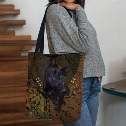 Mujeres Fieltro Lindo 3d Dibujos Animados Tridihombreionales Gato Negro Patrón De Rama Bolso De Hombro Bolso Tote