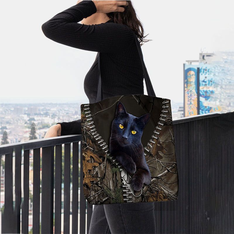 Mujeres Fieltro Lindo 3d Dibujos Animados Tridihombreionales Gato Negro Patrón De Rama Bolso De Hombro Bolso Tote