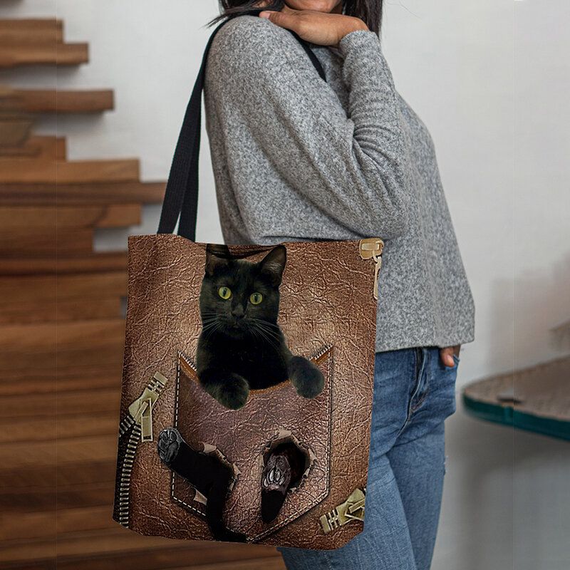 Mujeres Fieltro Lindo 3d Dibujos Animados Tridihombreionales Patrón De Gato Negro Bolso De Hombro Bolso Tote