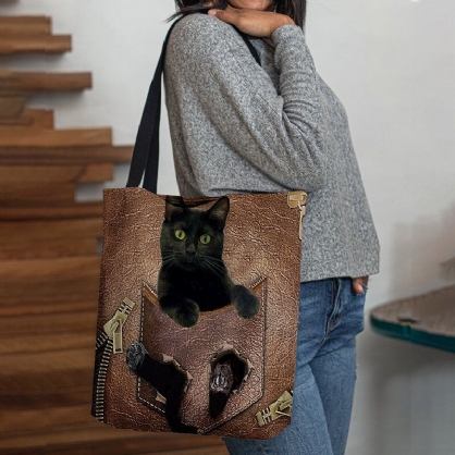 Mujeres Fieltro Lindo 3d Dibujos Animados Tridihombreionales Patrón De Gato Negro Bolso De Hombro Bolso Tote