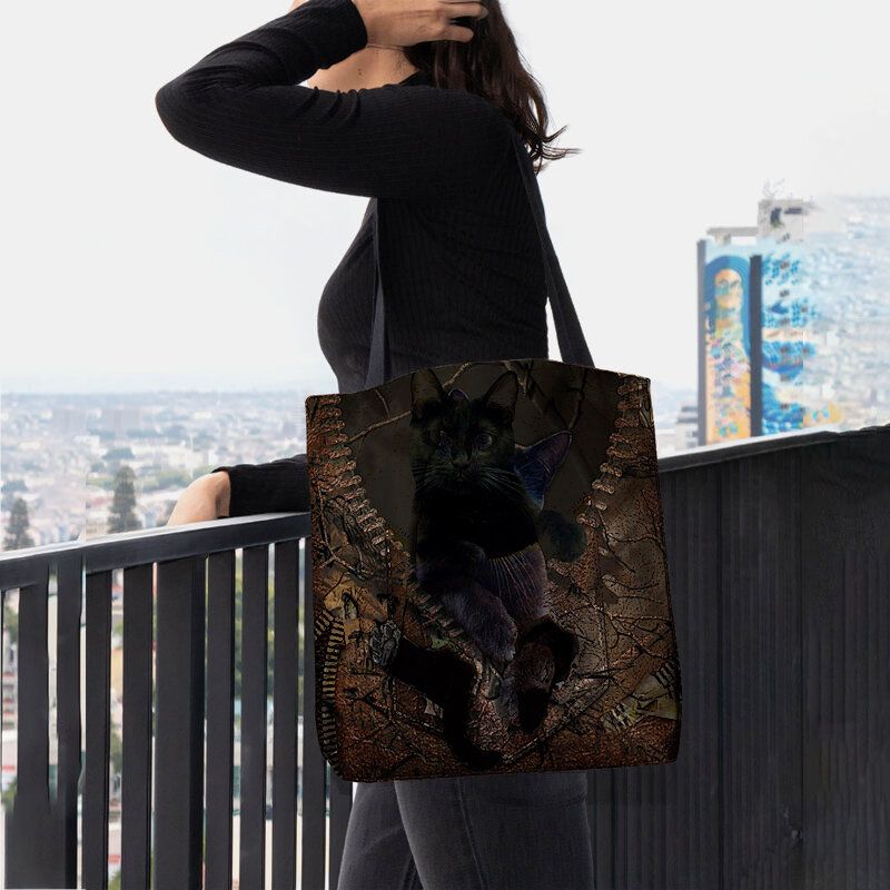 Mujeres Fieltro Lindo 3d Dibujos Animados Tridihombreionales Patrón De Gato Negro Bolso De Hombro Bolso Tote