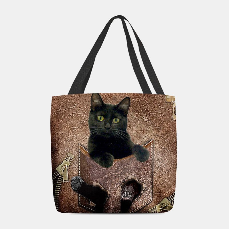 Mujeres Fieltro Lindo 3d Dibujos Animados Tridihombreionales Patrón De Gato Negro Bolso De Hombro Bolso Tote