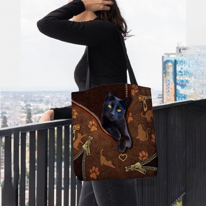 Mujeres Fieltro Lindo 3d Dibujos Animados Tridihombreionales Patrón De Gato Negro Bolso De Hombro Bolso Tote