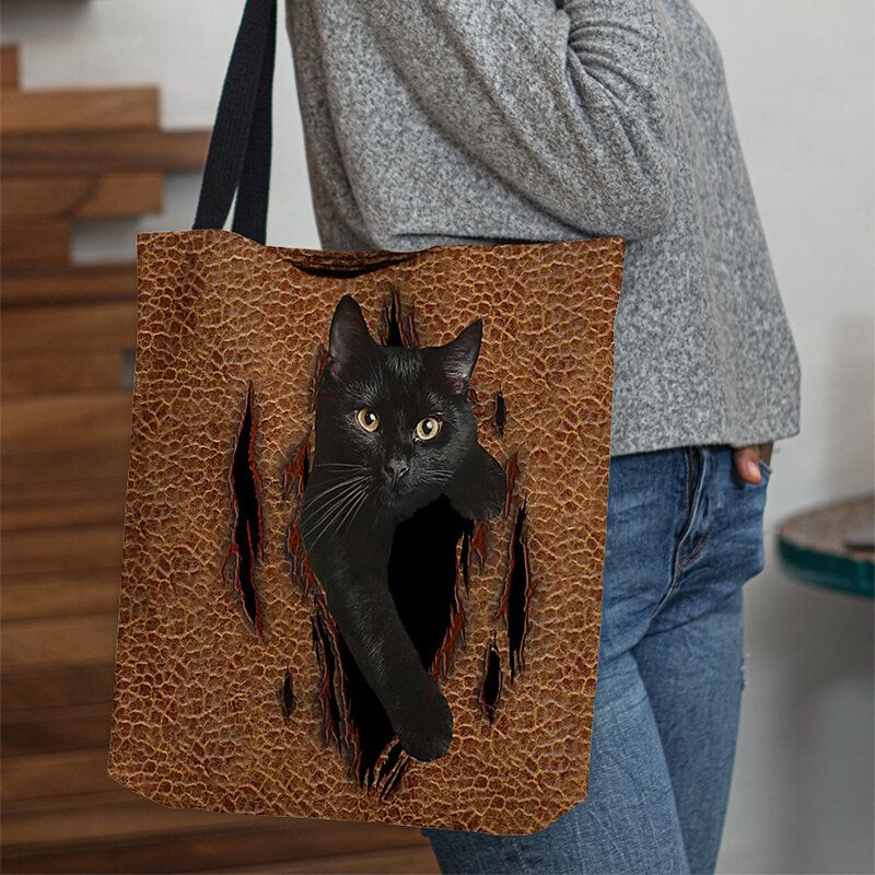 Mujeres Fieltro Lindo 3d Dibujos Animados Tridihombreionales Patrón De Gato Negro Bolso De Hombro Bolso Tote