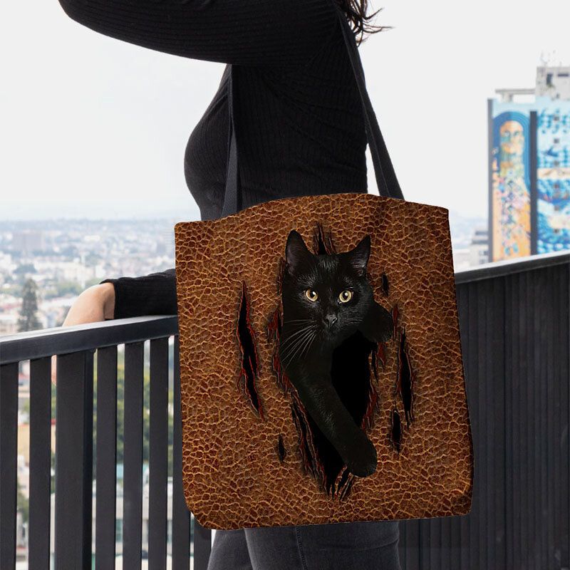 Mujeres Fieltro Lindo 3d Dibujos Animados Tridihombreionales Patrón De Gato Negro Bolso De Hombro Bolso Tote