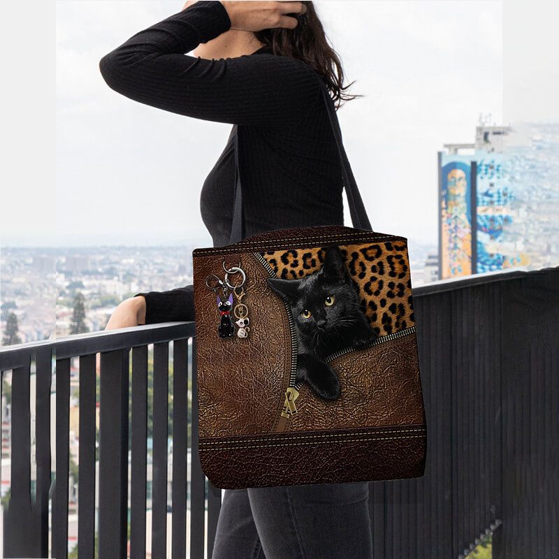 Mujeres Fieltro Lindo 3d Tridihombreional Dibujos Animados Gato Negro Colgante Patrón Bolso De Hombro Bolso Tote