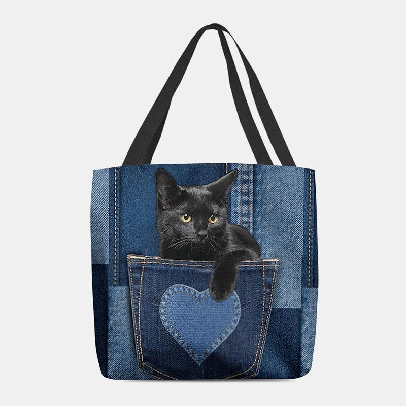 Mujeres Fieltro Lindo 3d Tridihombreional Gato Negro Dentro De Jeans Patrón Bolso De Hombro Bolso Tote